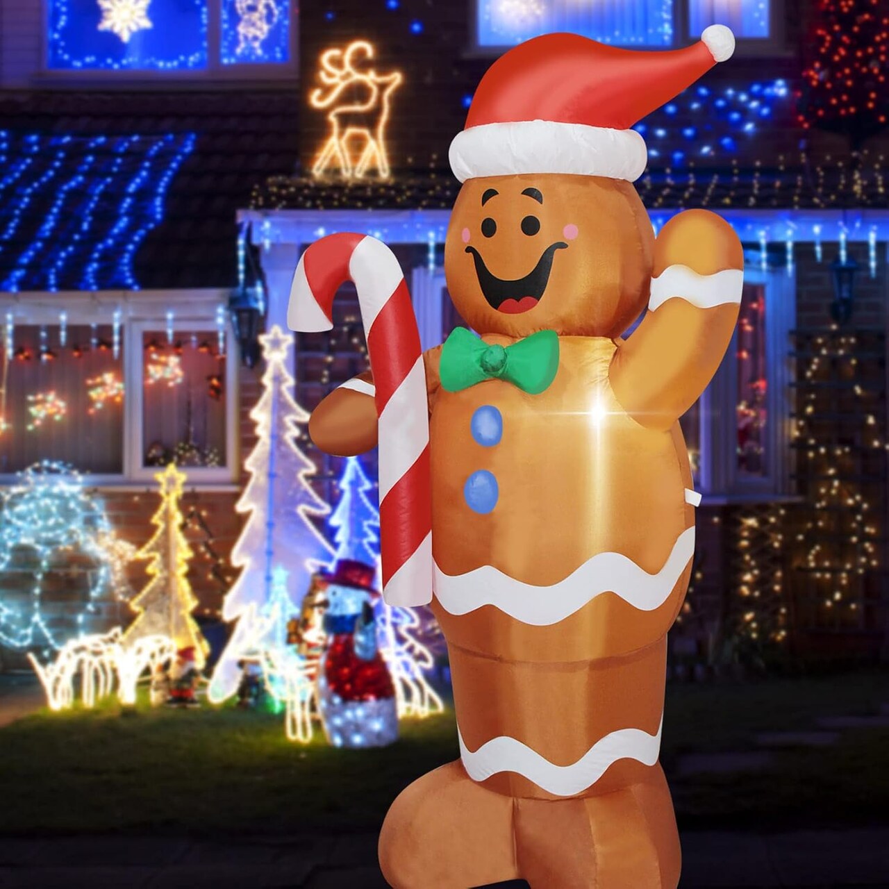 5 Feet Christmas Inflatable Gingerbread Man Yard Decoration Giant Build-in Lighted Inflatable Christmas Gingerbread Man Garden Lawn Yard Decor with Built in Fan and Anchor Ropes…